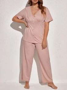 大碼蕾絲邊前紐扣睡衣套裝 - 藕粉色 - 查看 1