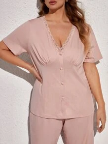 大碼蕾絲邊前紐扣睡衣套裝 - 藕粉色 - 查看 3