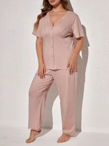 大碼蕾絲邊前紐扣睡衣套裝 - 藕粉色 - 查看 4