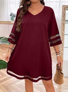 SHEIN Clasi Plus Contrast Mesh Tunic Dress - Burgundy - View 1