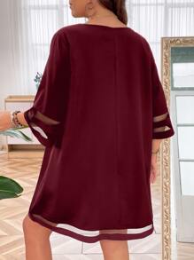 SHEIN Clasi Plus Contrast Mesh Tunic Dress - Burgundy - View 2