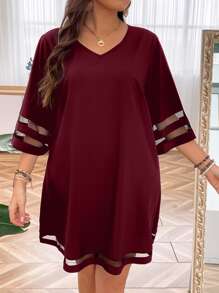 SHEIN Clasi Plus Contrast Mesh Tunic Dress - Burgundy - View 3