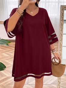SHEIN Clasi Plus Contrast Mesh Tunic Dress - Burgundy - View 4