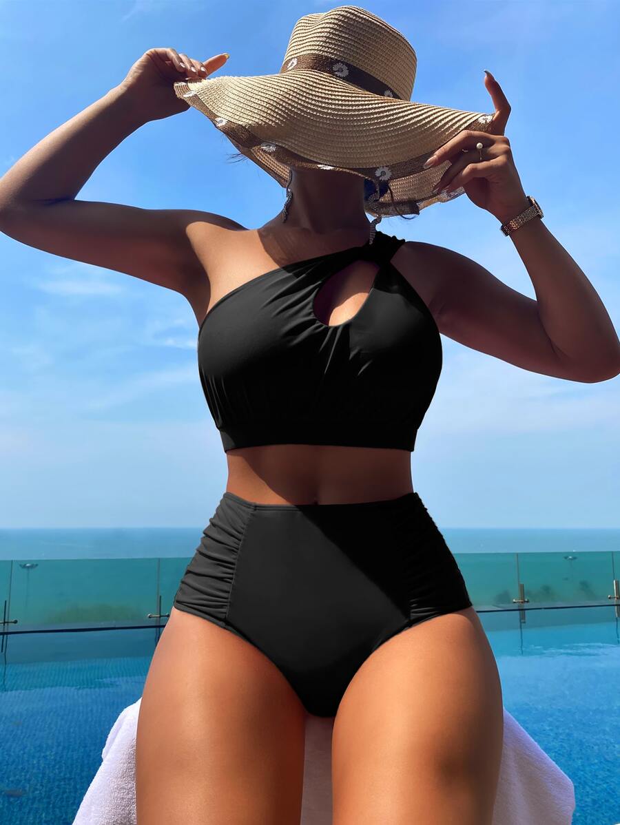 SHEIN Swim Summer Beach Mono Bikini Set Cut Out One Shoulder Top & Ruched High Waisted Bottom 2 Pieces Bikini - Black - View 1