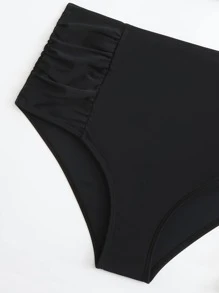 SHEIN Swim Summer Beach Mono Bikini Set Cut Out One Shoulder Top & Ruched High Waisted Bottom 2 Pieces Bikini - Black - View 3