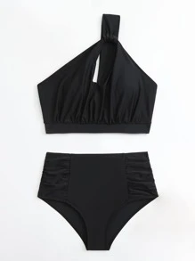 SHEIN Swim Summer Beach Mono Bikini Set Cut Out One Shoulder Top & Ruched High Waisted Bottom 2 Pieces Bikini - Black - View 4