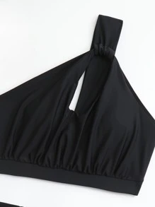 SHEIN Swim Summer Beach Mono Bikini Set Cut Out One Shoulder Top & Ruched High Waisted Bottom 2 Pieces Bikini - Black - View 5