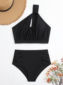 SHEIN Swim Summer Beach Mono Bikini Set Cut Out One Shoulder Top & Ruched High Waisted Bottom 2 Pieces Bikini - Black - View 6