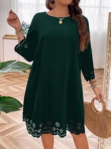 SHEIN LUNE Plus Laser Cut Scallop Trim Dress - Dark Green - View 1