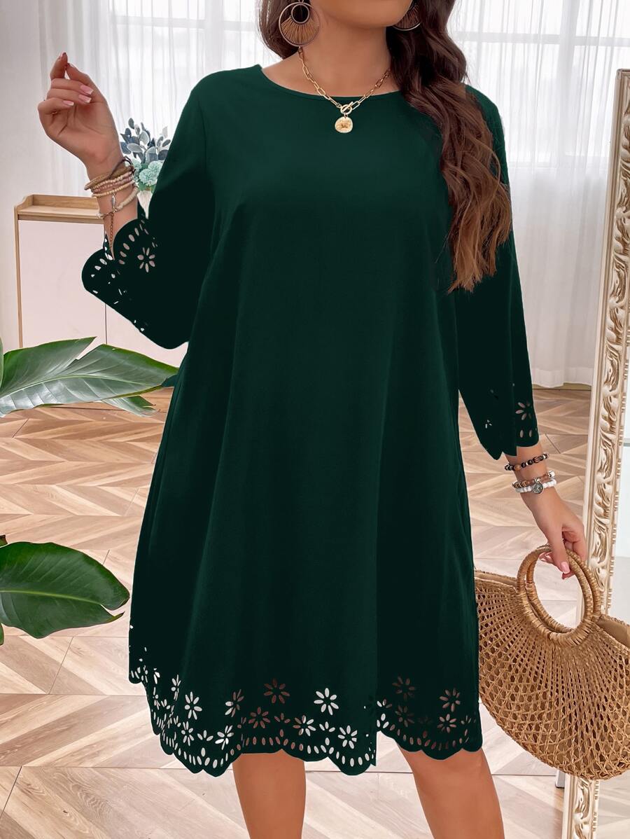 SHEIN LUNE Plus Laser Cut Scallop Trim Dress - Dark Green - View 1