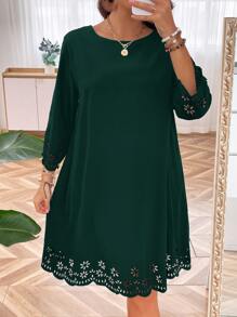 SHEIN LUNE Plus Laser Cut Scallop Trim Dress - Dark Green - View 3