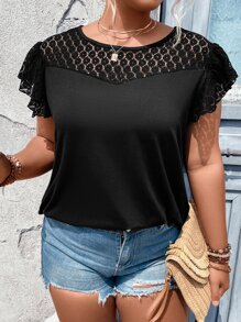 SHEIN LUNE Plus Contrast Lace Butterfly Sleeve Tee - Black - View 3