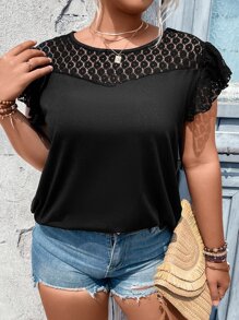 SHEIN LUNE Plus Contrast Lace Butterfly Sleeve Tee - Black - View 5
