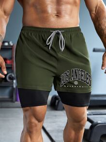 SHEIN Fitness Men Letter Graphic Drawstring Waist 2 In 1 Sports Shorts - Army Green - View 1