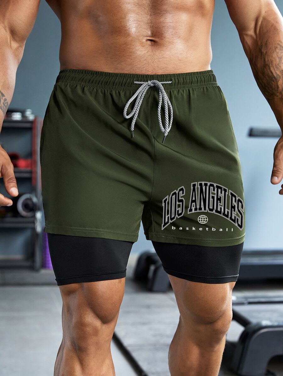 SHEIN Fitness Men Letter Graphic Drawstring Waist 2 In 1 Sports Shorts - Army Green - View 1
