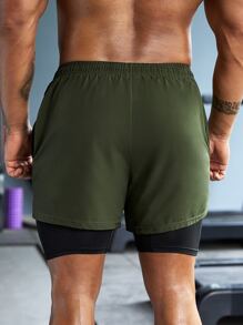 SHEIN Fitness Men Letter Graphic Drawstring Waist 2 In 1 Sports Shorts - Army Green - View 2