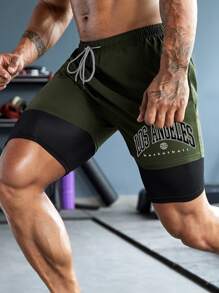 SHEIN Fitness Men Letter Graphic Drawstring Waist 2 In 1 Sports Shorts - Army Green - View 3