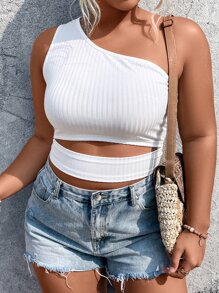 SHEIN Holidaya Plus One Shoulder Cut Out Front Crop Top - White - View 1