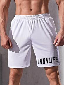 Men Letter Graphic Sports Shorts - White - View 1