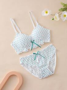 Tween Girl Polka Dot Print Bow Front Bra & Panty Set - White - View 1