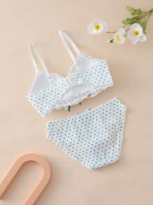 Tween Girl Polka Dot Print Bow Front Bra & Panty Set - White - View 2