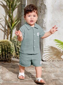 SHEIN Leap Crew Baby Boy Letter Patched Detail Shirt & Shorts - Cadet Blue - View 1