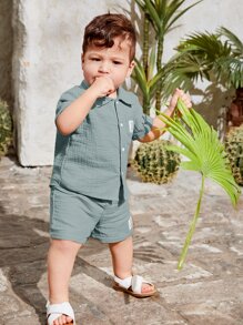 SHEIN Leap Crew Baby Boy Letter Patched Detail Shirt & Shorts - Cadet Blue - View 4