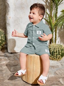 SHEIN Leap Crew Baby Boy Letter Patched Detail Shirt & Shorts - Cadet Blue - View 5