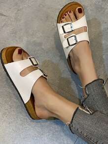 Women Buckle Decor Flat Sandals, Fashionable White Footbed Sandals - White - View 3