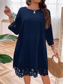 SHEIN LUNE 大碼鏤空貝殼邊洋裝 - 藏蓝色 - 查看 1