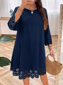 SHEIN LUNE 大碼鏤空貝殼邊洋裝 - 藏蓝色 - 查看 5