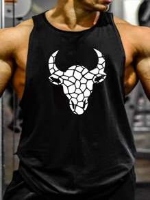 GymBeat Áo ba lỗ thể thao in họa tiết bò đực phong cách bạn trai dành cho nam, áo ba lỗ tập luyện - màu đen - Xem 1