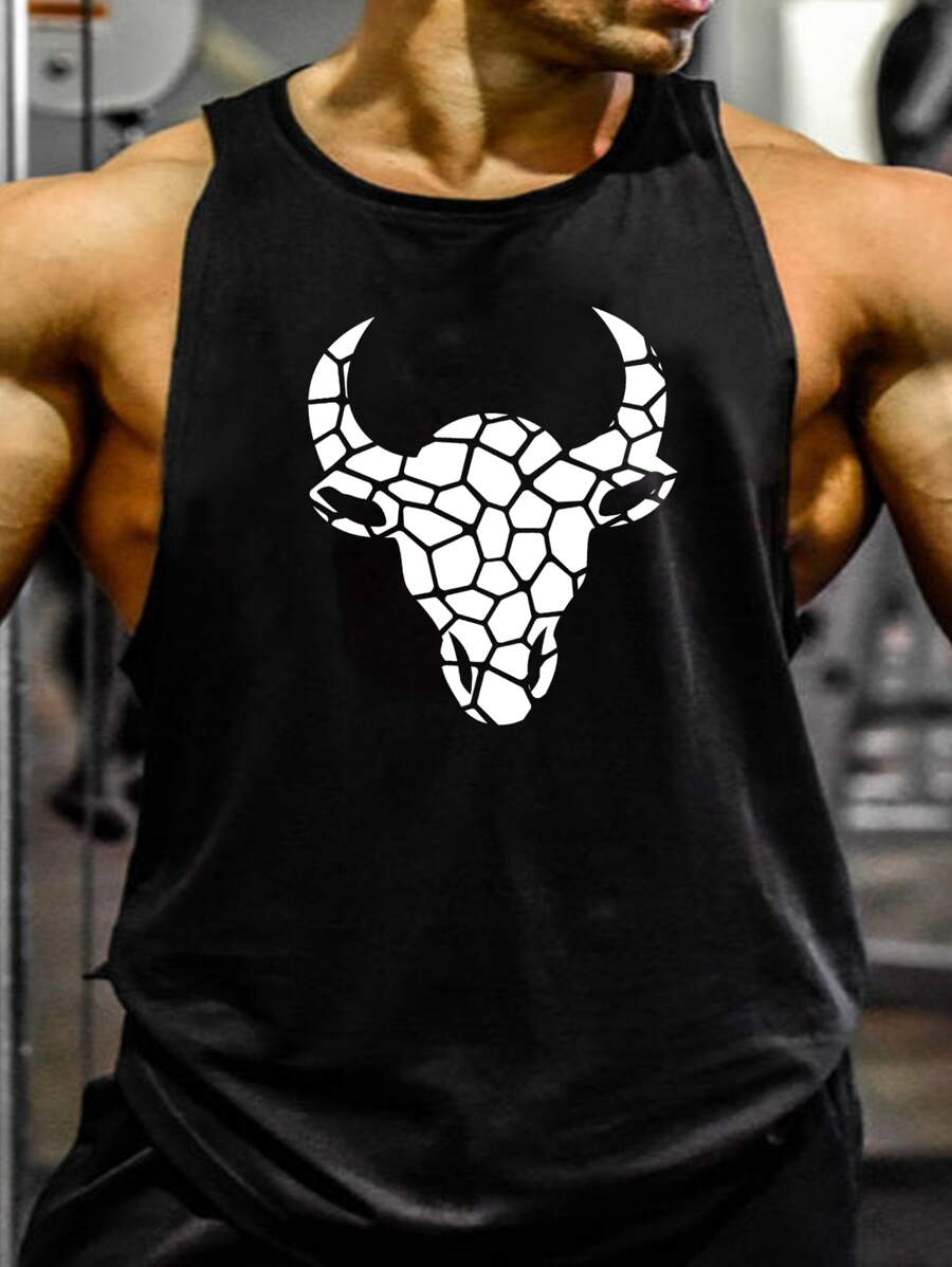 GymBeat Áo ba lỗ thể thao in họa tiết bò đực phong cách bạn trai dành cho nam, áo ba lỗ tập luyện - màu đen - Xem 1
