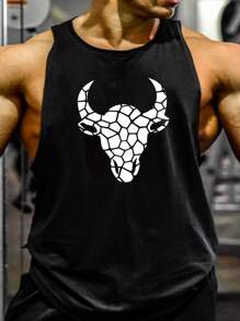 GymBeat Áo ba lỗ thể thao in họa tiết bò đực phong cách bạn trai dành cho nam, áo ba lỗ tập luyện - màu đen - Xem 3