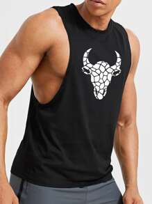 GymBeat Áo ba lỗ thể thao in họa tiết bò đực phong cách bạn trai dành cho nam, áo ba lỗ tập luyện - màu đen - Xem 4