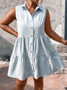 Calvaya Vestido smock con botón delantero bajo con fruncido - Celeste - Ver 6