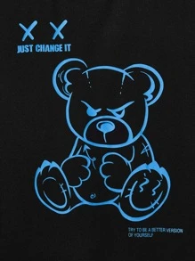 Manfinity RebelGame 男士棉熊和標語圖案T恤 - 黑色 - 查看 2