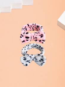 2pcs/set Leopard Pattern Bath Headband, Polyester Bow Decor Facial Makeup Headband For Bathroom - Pink - View 1