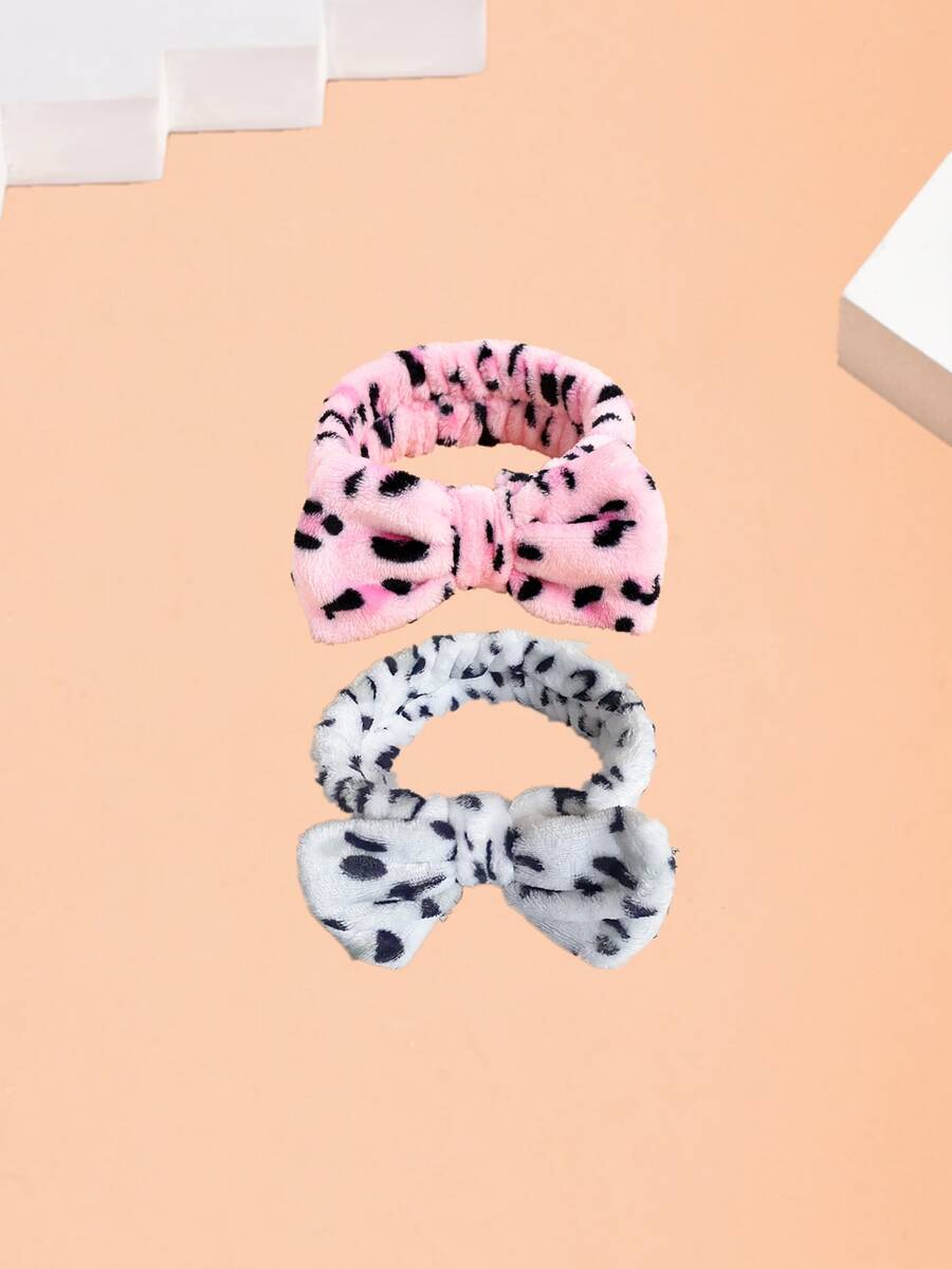 2pcs/set Leopard Pattern Bath Headband, Polyester Bow Decor Facial Makeup Headband For Bathroom - Pink - View 1