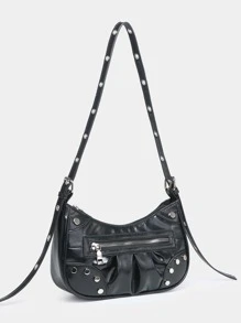 Studded Decor Ruched Design Hobo Bag, Rock Style Bag For Women - Black - View 6