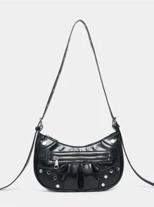 Studded Decor Ruched Design Hobo Bag, Rock Style Bag For Women - Black - View 2