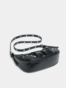 Studded Decor Ruched Design Hobo Bag, Rock Style Bag For Women - Black - View 4