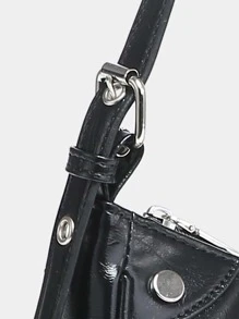 Studded Decor Ruched Design Hobo Bag, Rock Style Bag For Women - Black - View 5