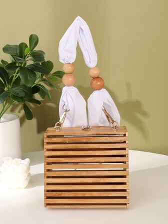 1 Stück Eimer-förmiger Bambus Gewebter Handtasche Mit Schalgriff, Strandurlaub Stil Für Mädchen