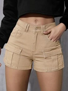 SHEIN EZwear 翻蓋口袋工裝牛仔短褲 - 卡其色 - 查看 1