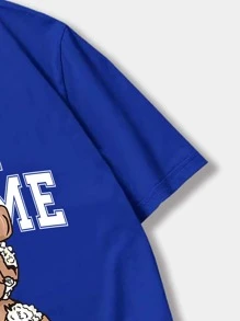 ROMWE MEN Street Life 男士熊圖案和標語圖案短袖t恤 - 寶藍色 - 查看 4