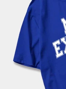 ROMWE MEN Street Life 男士熊圖案和標語圖案短袖t恤 - 寶藍色 - 查看 5