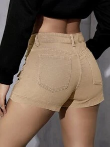 SHEIN EZwear 翻蓋口袋工裝牛仔短褲 - 卡其色 - 查看 2