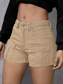 SHEIN EZwear 翻蓋口袋工裝牛仔短褲 - 卡其色 - 查看 4