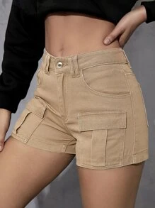 SHEIN EZwear 翻蓋口袋工裝牛仔短褲 - 卡其色 - 查看 7